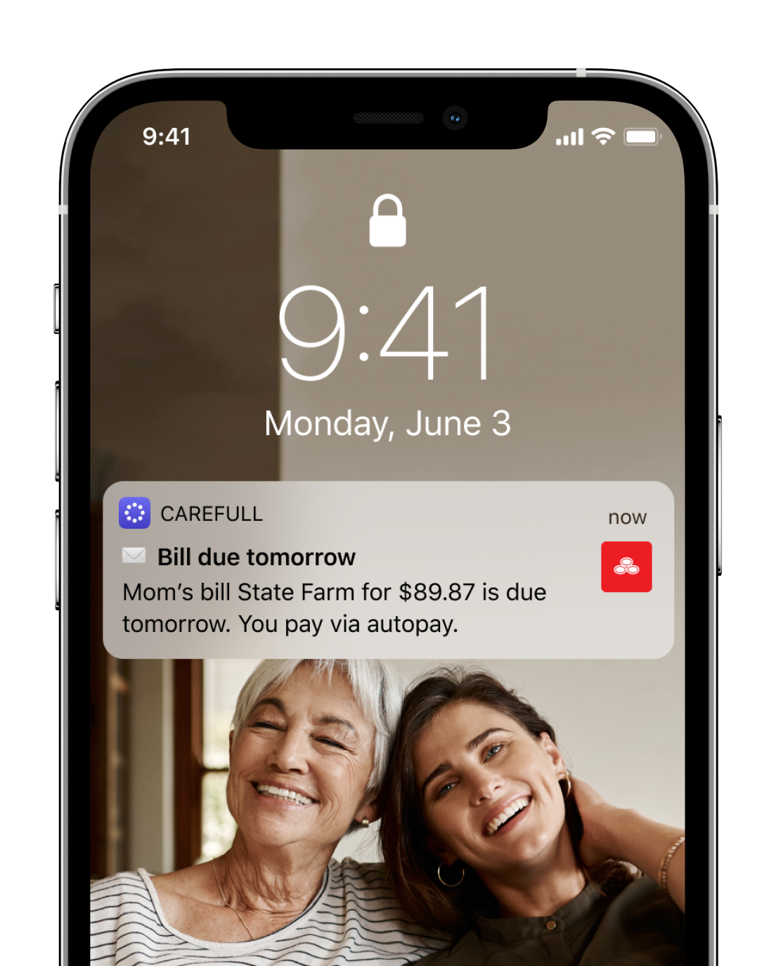 An iphone lockscreen with an alert that says 'Mom's bill State Famr for $89.87 is due tomorrow. You pay via autopay.'